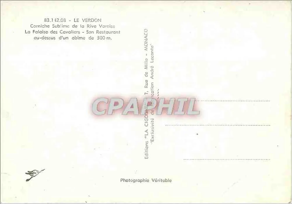 Der Verdon — Sublime Corniche der Varois-Küste — Die Felswand der Ritter — Sein Restaurant — Verlag: Editions 'LA CIGOGNE' — Nr. 83.142.08 - Rückseite