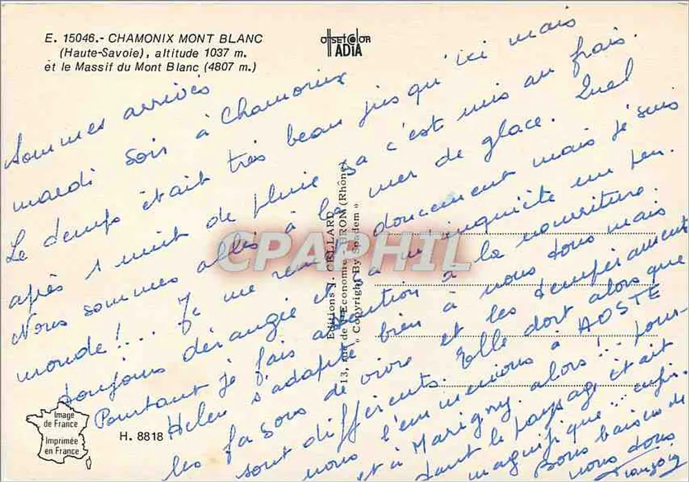 Chamonix Mont-Blanc — Panoramablick auf Berge, Gletscher und Seilbahnen — Verlag ADIA, Nr. E. 15046 - Rückseite