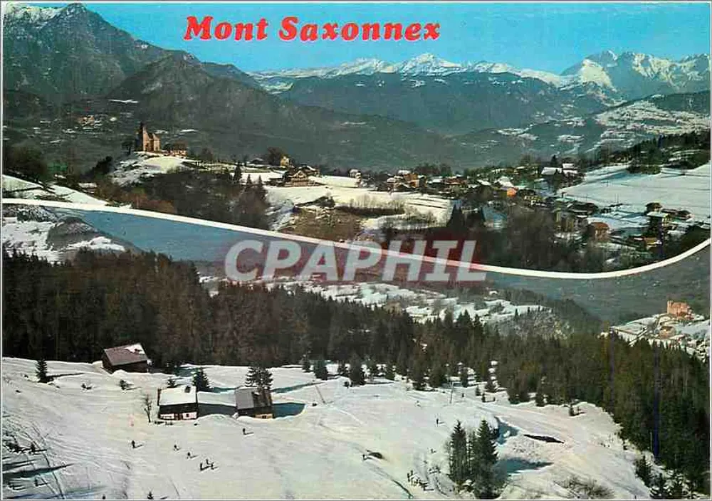 Mont Saxonnex — vista nevada com aldeia e montanhas — Éditions J. LELARD - Frente