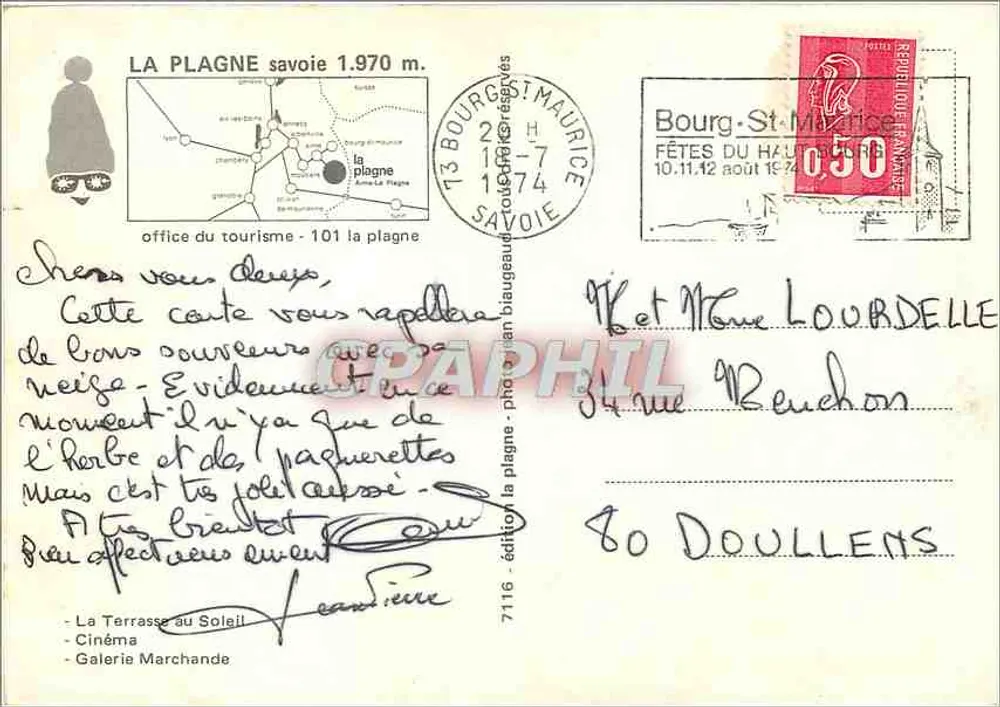 La Plagne — vista das estações e do cinema — editor Graphphil, n°7116 - Verso