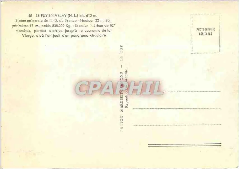 Estátua de Nossa Senhora do Puy-en-Velay — editor Margerit & Blond, n°46 - Verso