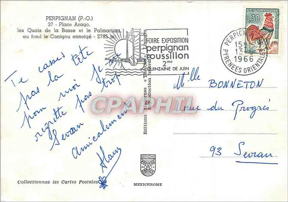 Perpignan - Praça Arago e o Palmarium — Exposição Perpignan 1966 — Edições Mexichrome - Verso