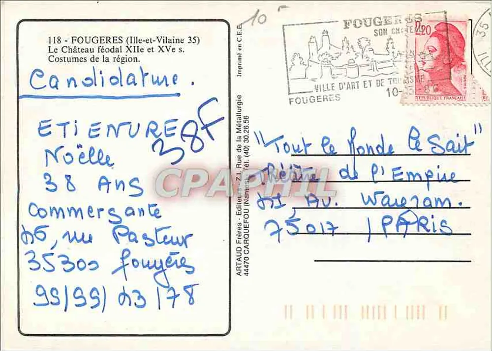 Fougères — feudales Schloss 12. und 15. Jahrhundert — Verleger Artaud Frères - Rückseite