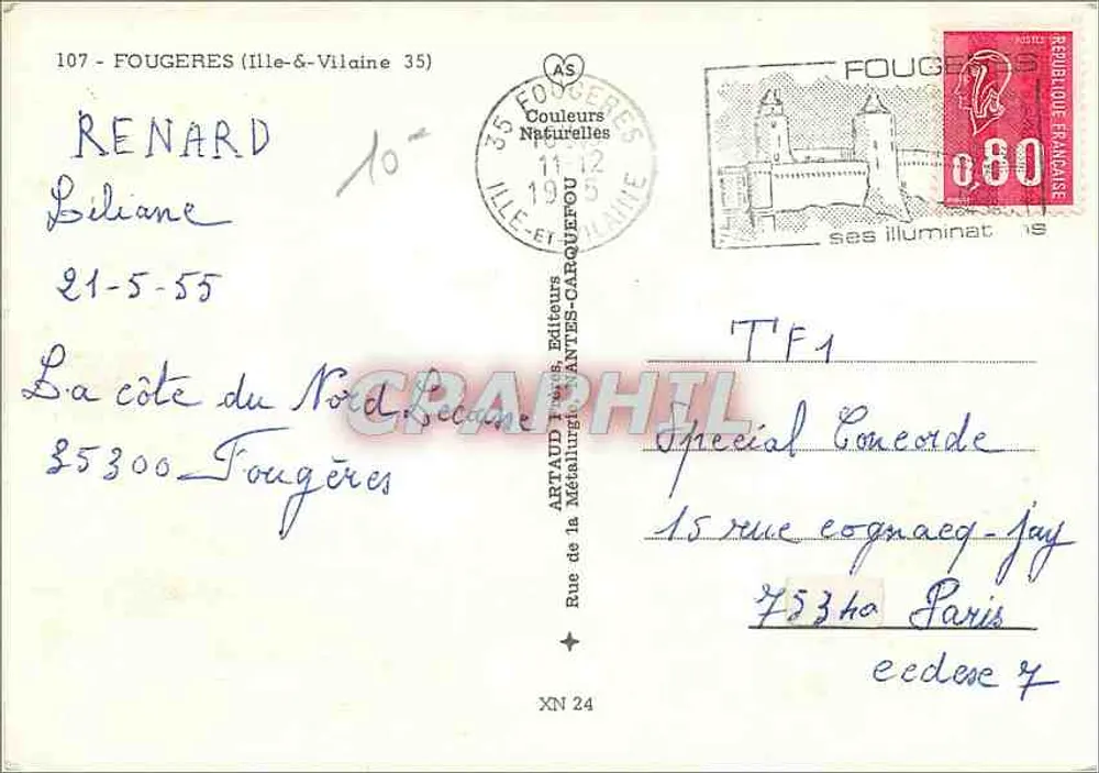 Fougères — Citadela do Ducado da Bretagne — Artaud Frères, Editores - Verso