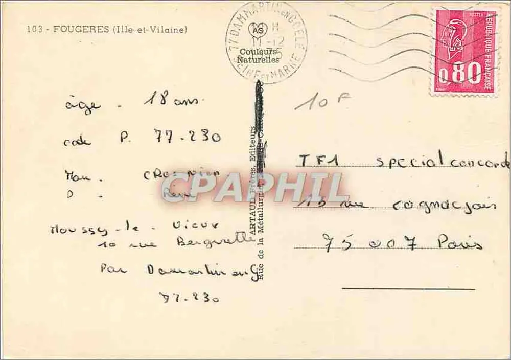 Fougères — Castelo e praças — Editor Artoules Naturelles, n°103 - Verso