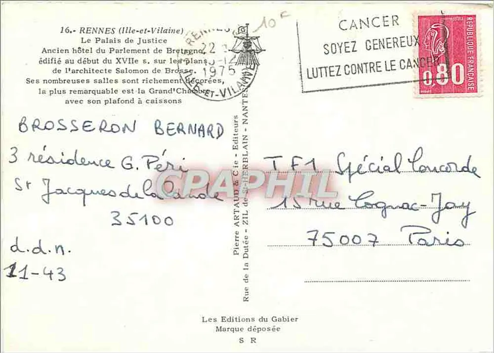 Rennes — Palais de Justice (ancien hôtel du Parlement de Bretagne) — Les Editions du Gabier - Verso
