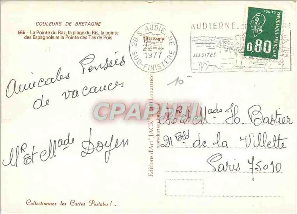 Belos Sítios da Bretanha — 565 - A Ponta do Raz, a praia do Ris, a ponta dos Espanhóis — Edições d'Art 'Jack' Audierne - Verso