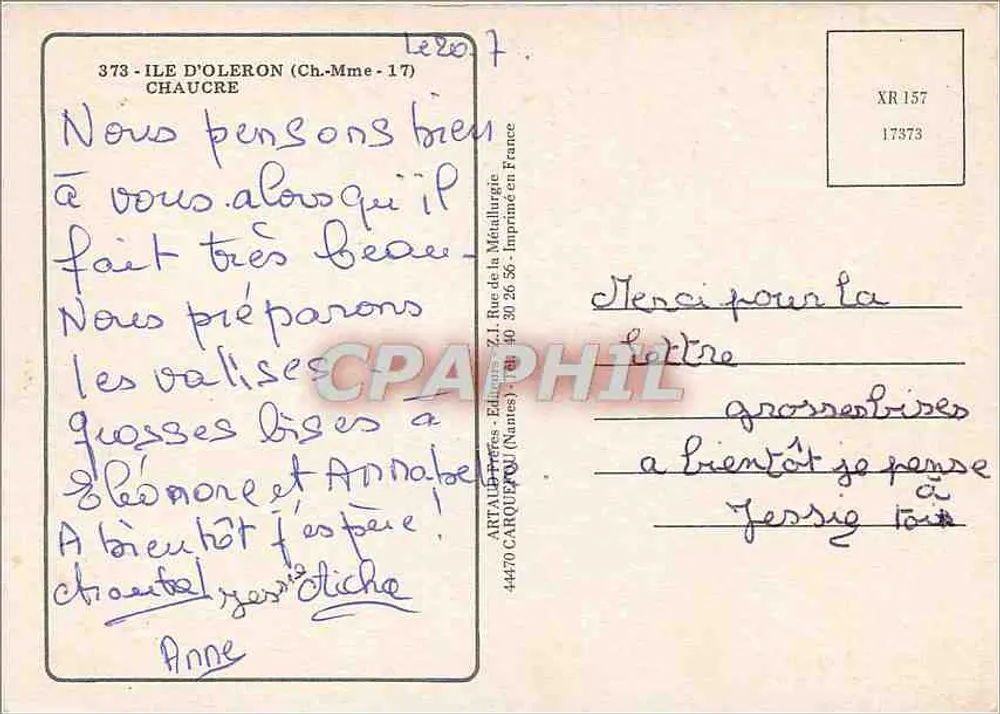 Chaucre — Ilha de Oléron — vista da praia, do velho poço, da pesca e da mulher em quichenoitte — editor Art & Décor (Nantes) - Verso