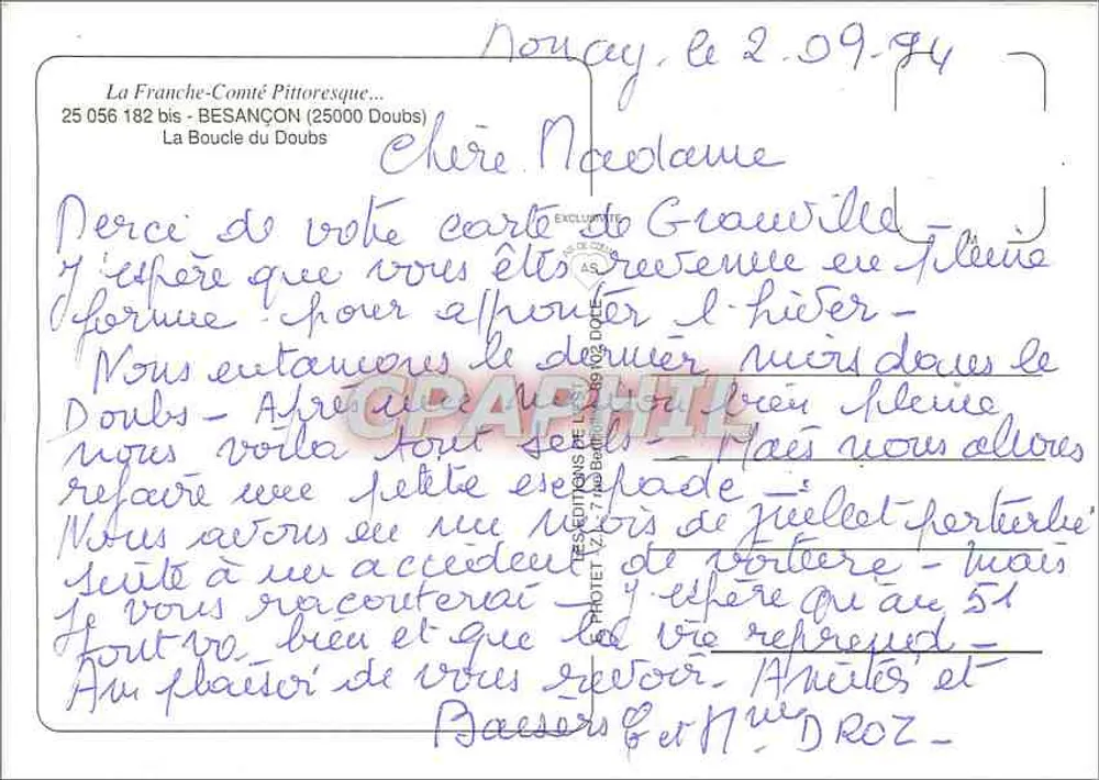 Vista aérea de Besançon — A Franche-Comté pitoresca — Éditions de la Boucle du Doubs, n° 25 056 182 bis - Verso
