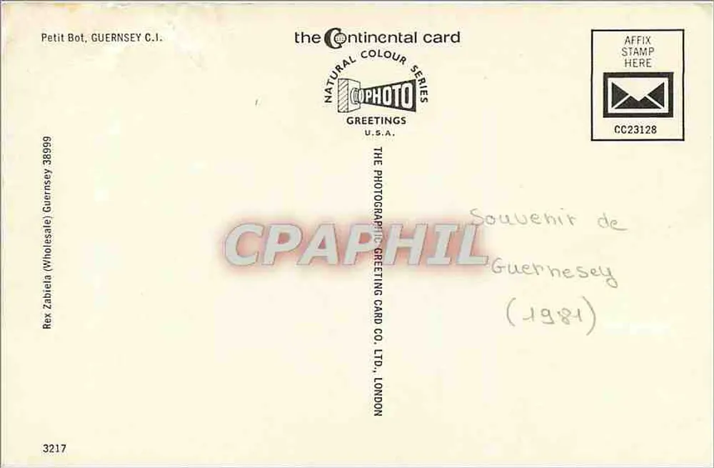 Petit Bot — Guernsey — Copphoto Greetings - Verso
