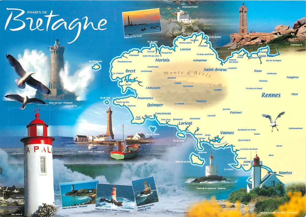 Faróis da Bretanha — Carte postale illustrée avec carte et photos de phares — Éditeur : , n° de série C / 902025 - Frente