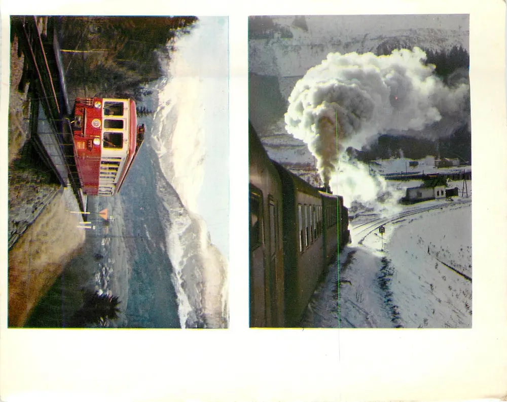 Trem de montanha — vista da funicular e do trem a vapor — Edições "La Vie du Rail" - Frente