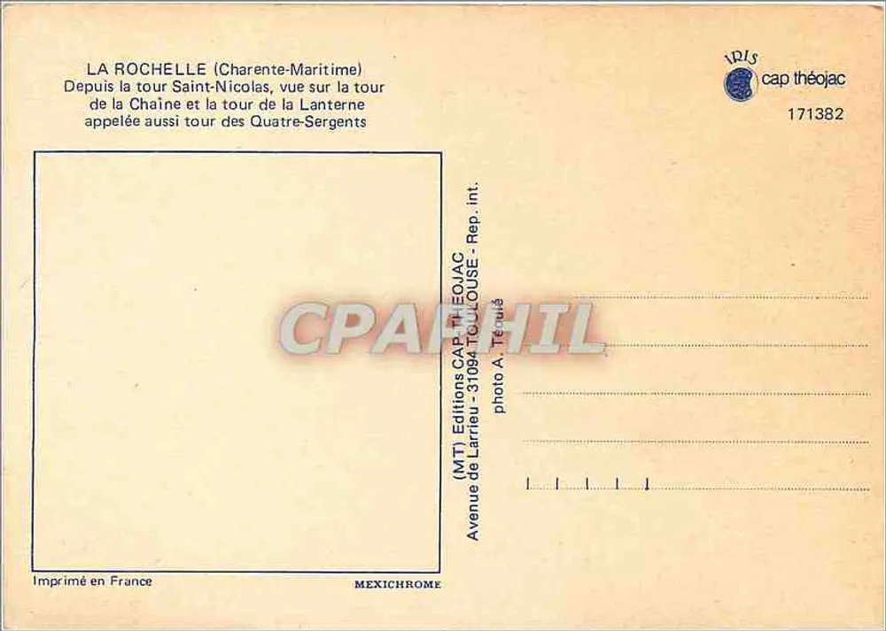 La Rochelle (Charente-Maritime) — vue depuis la tour Saint-Nicolas sur la tour de la Lanterne (tour des Quatre-Sergents) — Éditions Larrieu, n° 171382 - Verso