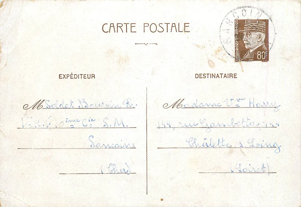 Sancoins — carte postale avec message — Expéditeur : M. Soldet Bourrin, Destinataire : Madame V. Harry - Recto