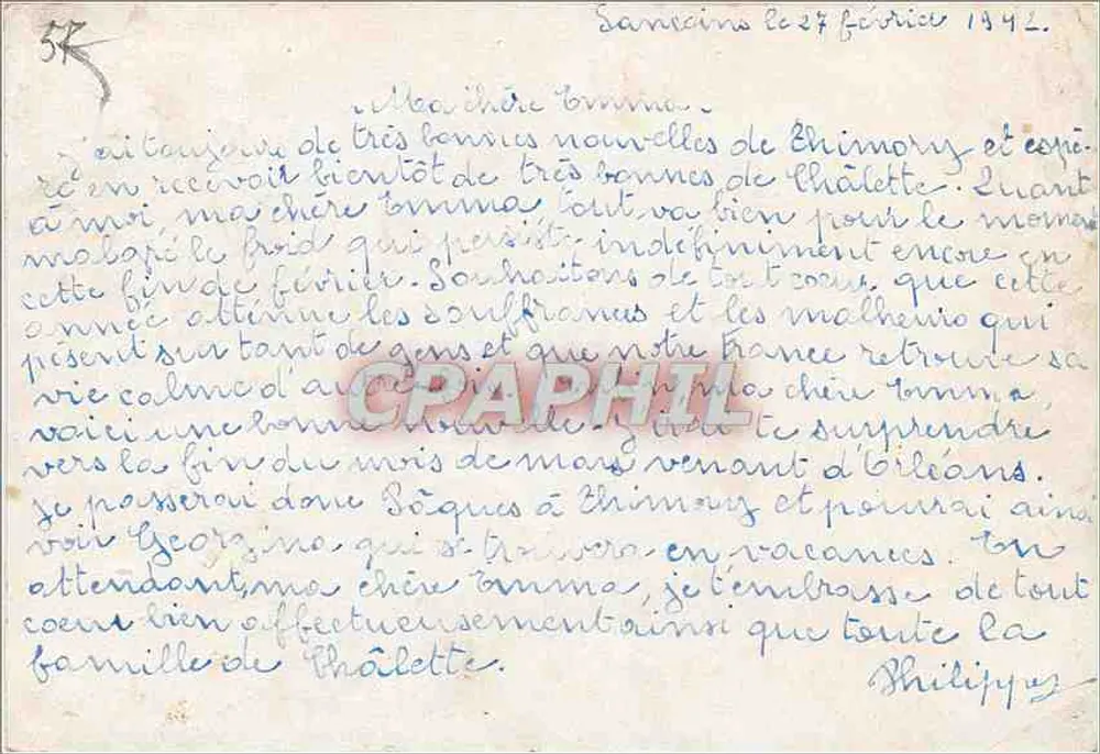 Sancoins — carte postale avec message — Expéditeur : M. Soldet Bourrin, Destinataire : Madame V. Harry - Verso