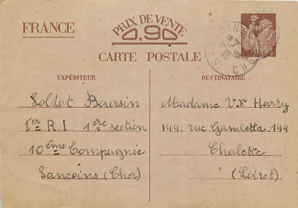 Soldado Boursin — 10ª Companhia, 1ª Seção, 1º R.I. — Sanceins (Cher) — Carta Postal França - Frente