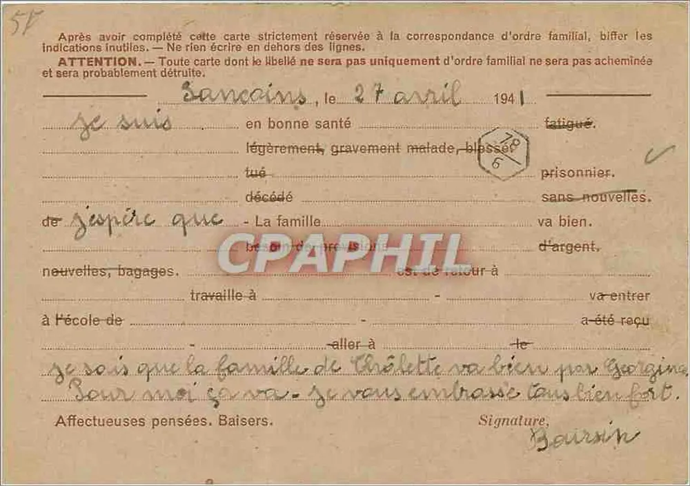 Soldado Boursin — 10ª Companhia, 1ª Seção, 1º R.I. — Sanceins (Cher) — Carta Postal França - Verso