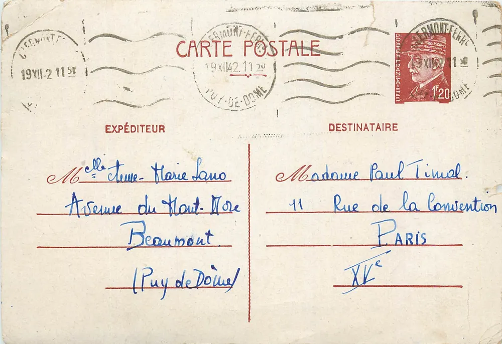 Puy-de-Dôme — Ansichtskarte vom 19. November 1942 — Verlag: Postkarte - Vorderseite