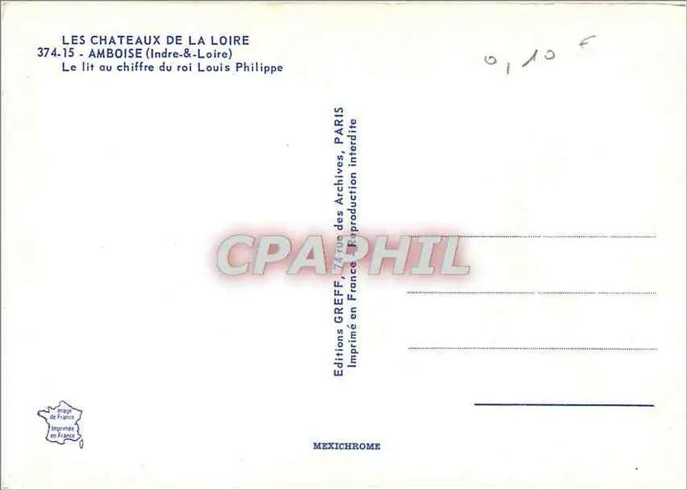 Chambre à coucher du roi Louis Philippe — Le lit au chiffre — Éditions GREFF, Paris - Verso