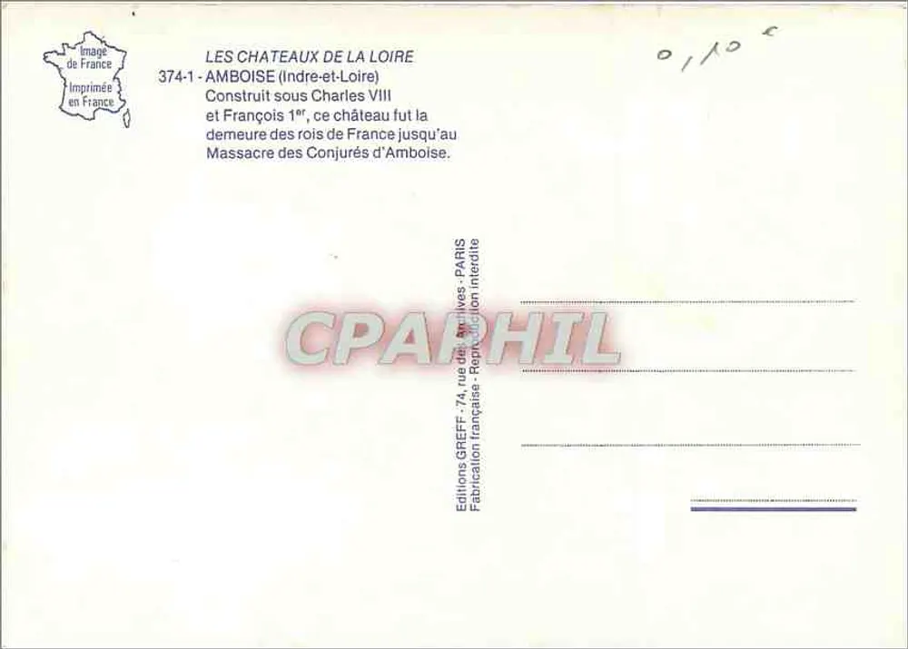 Castelo de Amboise — Editor Greff, n° 374-1 - Verso