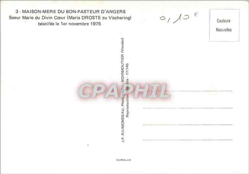 Schwester Marie des Göttlichen Herzens — Seliggesprochen am 1. November 1975 — J.P. RAIMONDEAU, Noirmoutier, Serie 77/145 - Rückseite