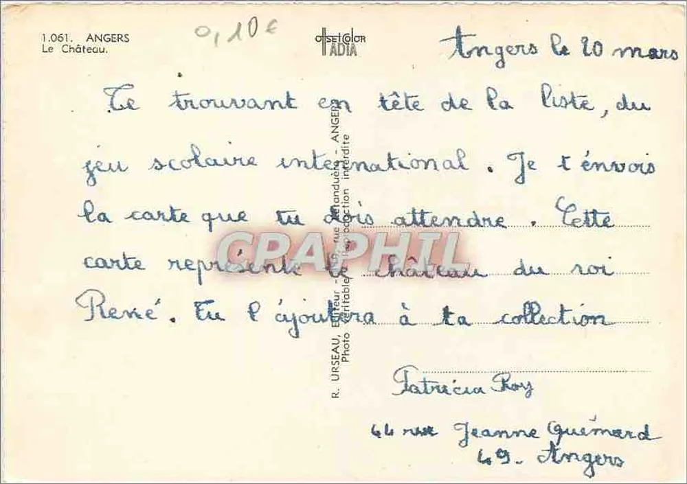 Angers — O Castelo de René — R. Urseau, editor, n° 1.061 - Verso