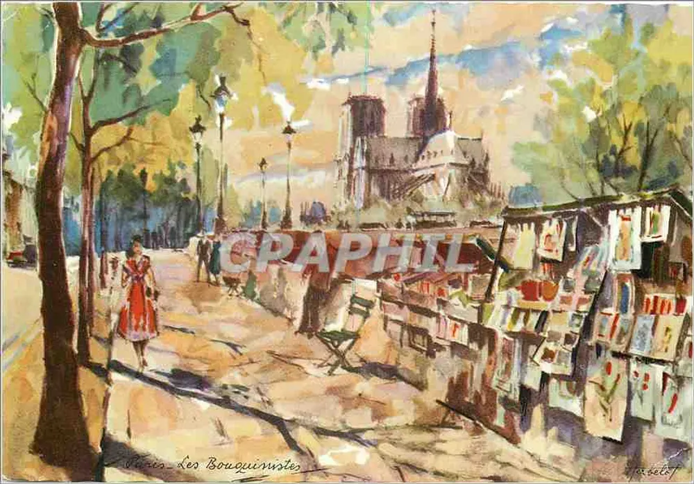 Paris - Die Buchhändler — Blick mit Notre-Dame — Radierung von Marcelot - Vorderseite