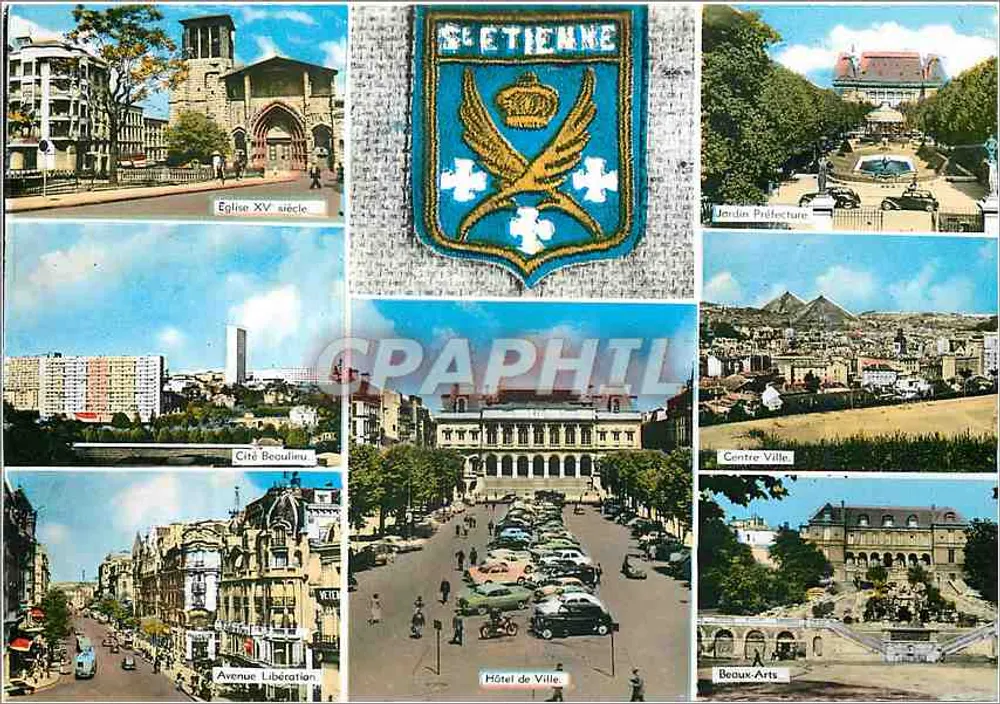 Saint-Étienne — Panoramablick mit Kirche, Rathaus, Präfekturgarten und Stadtzentrum — Verlag Baure - Vorderseite