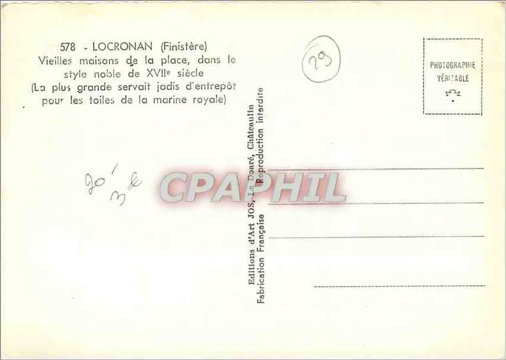 Locronan (Finistère) — Alte Häuser auf dem Platz, adeliger Stil des 17. Jahrhunderts — Éditions d'Art JOS, Le Donné, Châteaulin - Rückseite