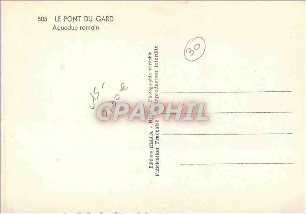 O Pont du Gard — Aqueduto romano — Éditions Bella, Nîmes, n° 505 - Verso