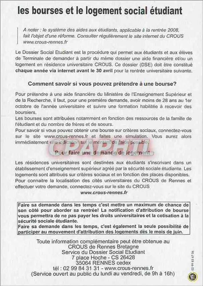 Bolsas e alojamento estudantil — CROUS Rennes Bretagne — 2008 - Verso