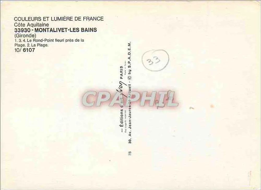 Montalivet-les-Bains — Panoramablick mit Denkmal und Strand — Éditions Jean-Jaures & Acquell - Rückseite