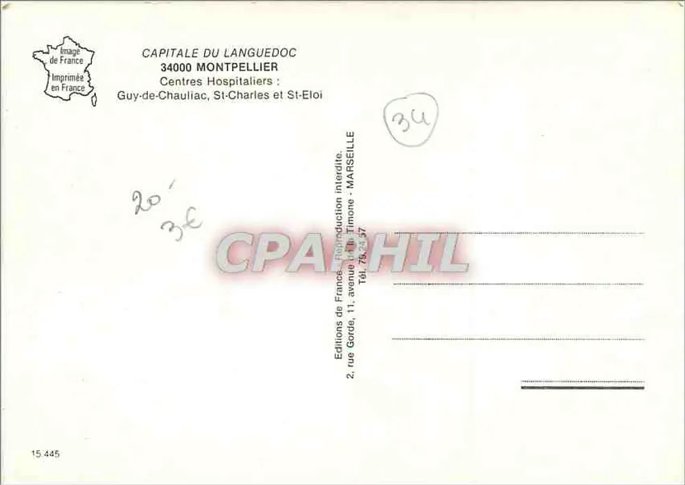 Montpellier — Ansicht der Place de la Comédie und der Krankenhäuser — Éditions de France - Rückseite