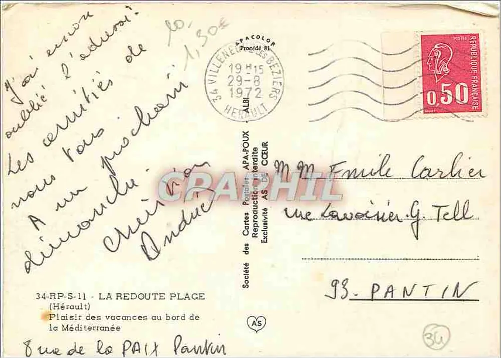 La Redoute Beach — Hérault — Société des Cartes Postales APA-POUX - Rückseite