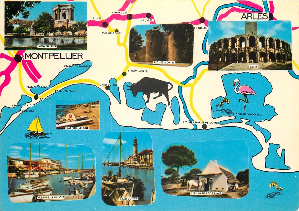Carta postal turística — Montpellier, Arles, Aigues Mortes — Edições Lyoncolor - Frente