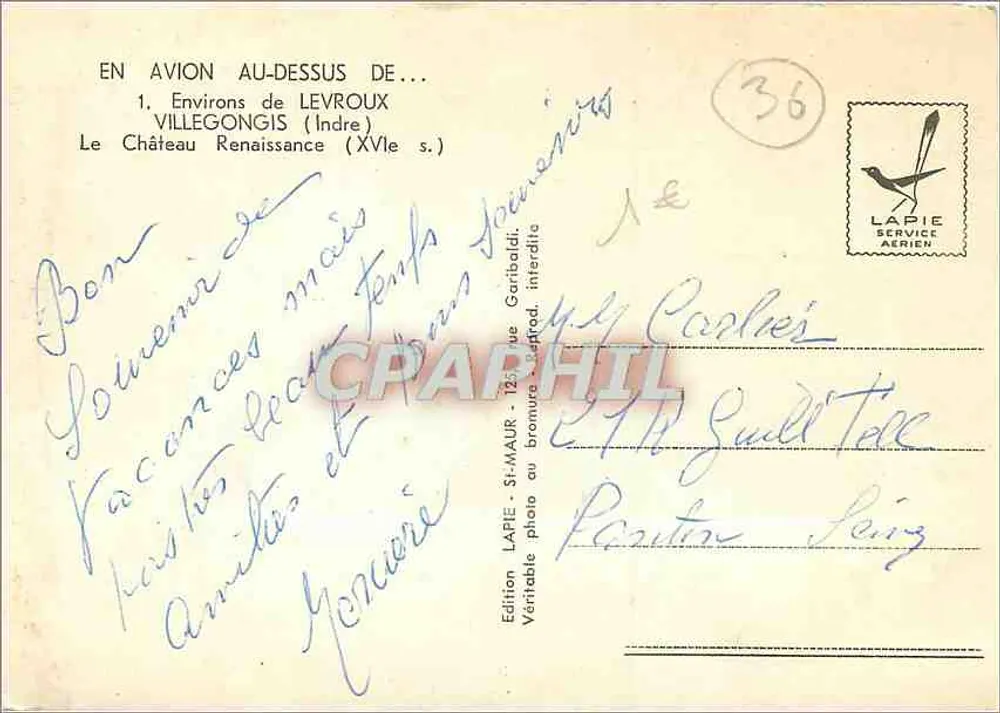 Castelo Renascentista — Levroux (Indre) — Edição Lapie Service Aérien - Verso