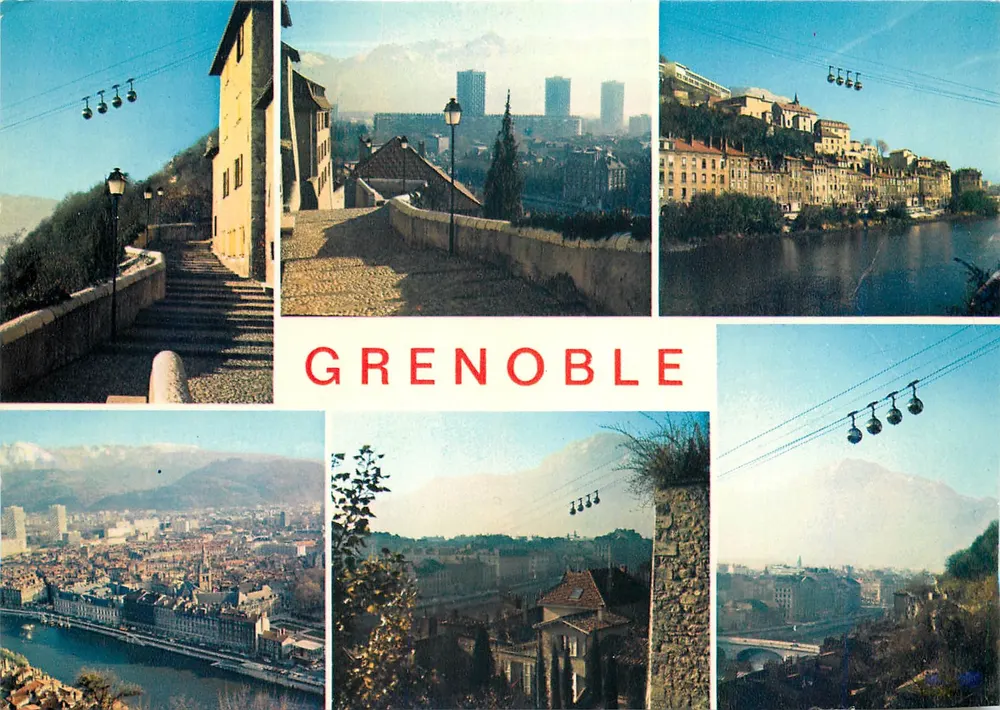 Grenoble — widok panoramiczny z teleferykiem i górami — wydawca Mexichrome, nr 38 - Awers