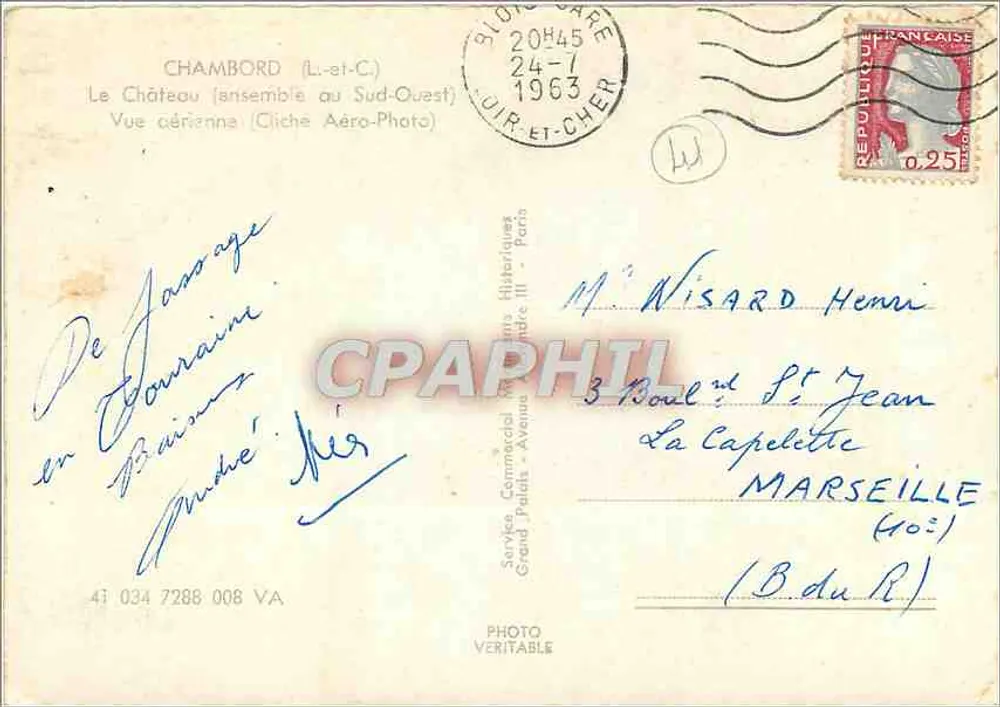 Chambord (Loir-et-Cher) — Luftbild (Südwesten) — Service Commercial de Photos Historiques, Paris - Rückseite