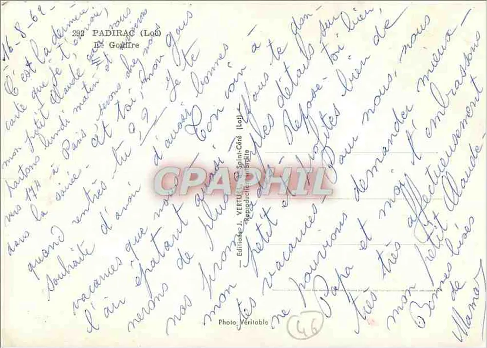 Gouffre de Padirac — Loire — editor J. Vertut, n°292 - Verso