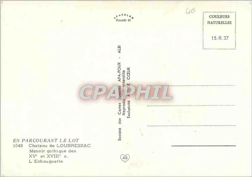 Château de Loubressac — Manoir gothique des XVᵉ et XVIIIᵉ s. — Société des Cartes Postales APA-POUX - ALBI - Verso