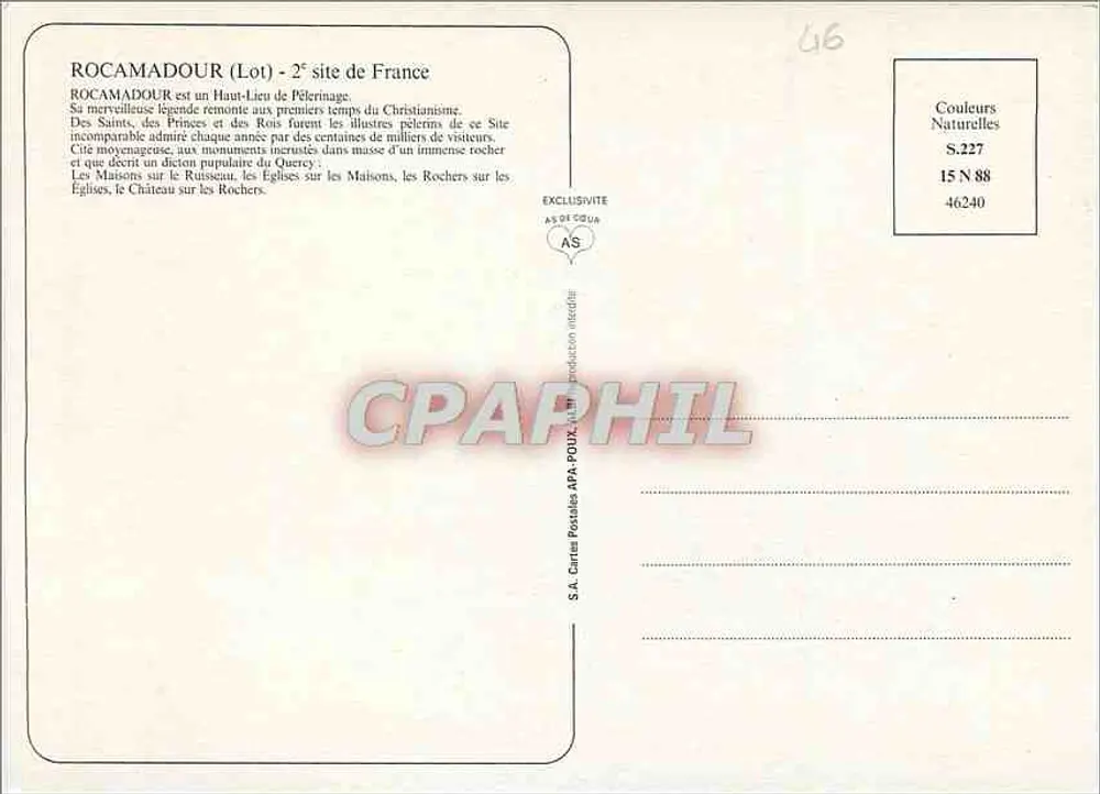 Rocamadour — Pilgerstätte — S.A. Cartes Postales APA-POUX, Serie S.227 - Rückseite