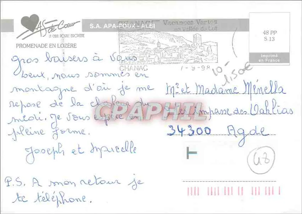 Passeio na Lozère — S.A. APA-POUX - ALEI, série 48 PP S.13 - Verso