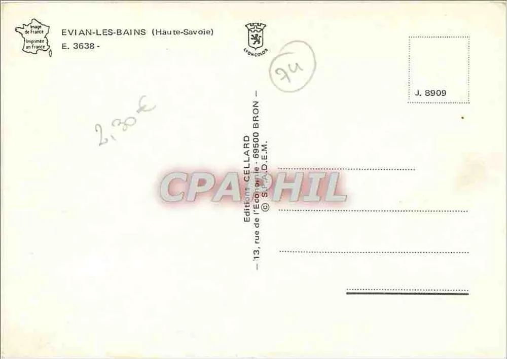 Evian - Pérola do Léman — Edições Cellard, n° E.3638 - Verso