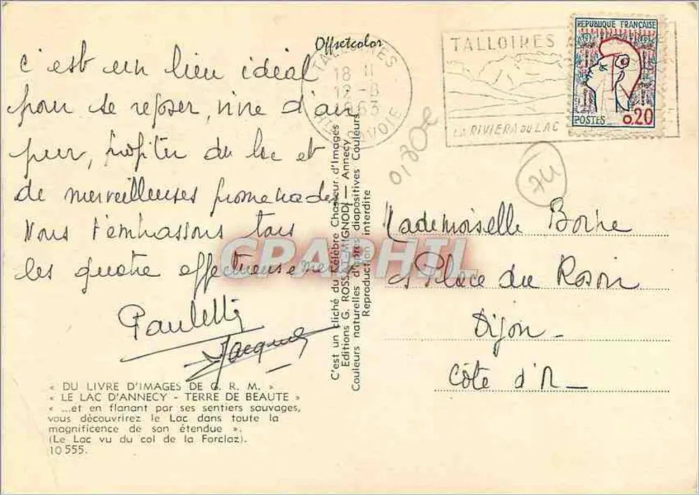 Lago de Annecy — vista do col de la Forclaz — Edições G. Rossignol, Annecy, n° 10555 - Verso