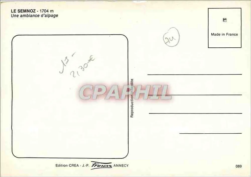 Hotel de Semnoz — Alpes franceses — Edição CREA J.-P. Francœur, Annecy - Verso