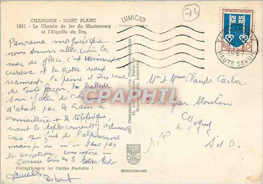 Chamonix - Mont Blanc — Die Montenversbahn und die Aiguille du Dru — Verlag LUMICAP - Rückseite