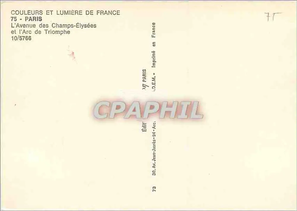 Champs-Élysées — Avenida dos Champs-Élysées e o Arco do Triunfo — Édit. D.E.M. n°10/5766 - Verso