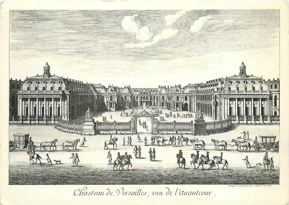 Castelo de Versalhes, vista da antecâmara — gravura de Israël Silvestre, 1682 — Edições dos Museus Nacionais - Frente