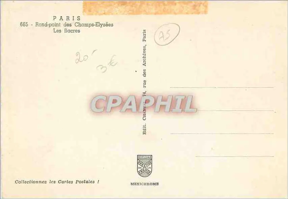 Paris / Rond-point dos Campos-Élisée — Os fiacres — Editor MEXICHROME, n° 665 - Verso