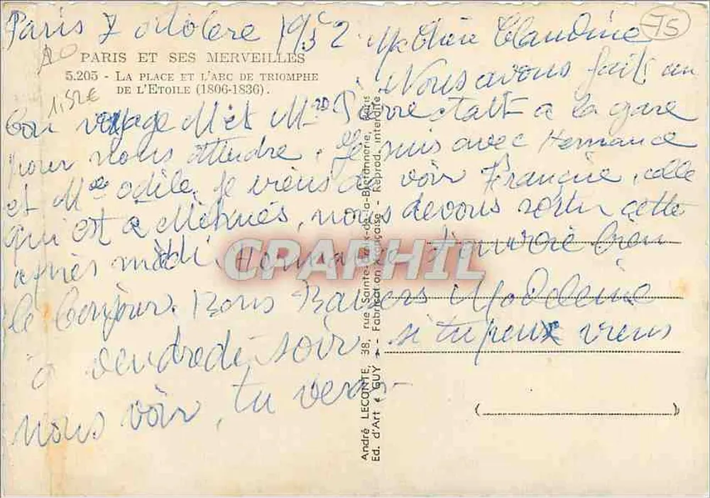 Paris - Arco do Triunfo — editor André Leconte, n° 5.205 - Verso